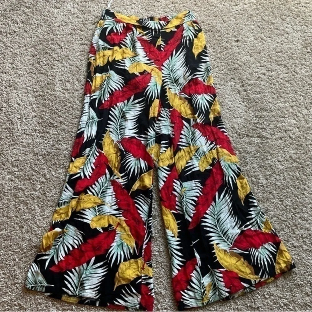 Blue B Tropical Palm Print Bandeau Crop Top & Wide Leg Palazzo Pants Set Medium